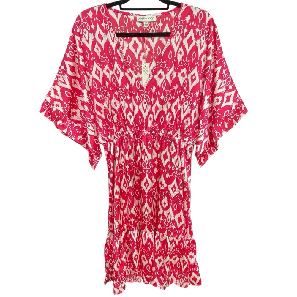 She + Sky Pink Kimono Sleeve Dress Womens Size 2X Elastic Waist Tiered NWT